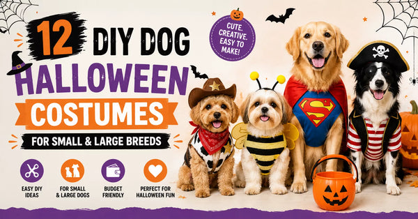 Two dogs wearing DIY Halloween costumes, including a pumpkin outfit for a small dog and a ghost costume for a larger dog. Halloween-themed dog costume inspiration for pet parents looking for creative DIY ideas.