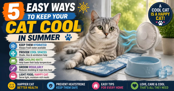 Tabby cat lying on a cooling mat next to a water bowl and fan, illustrating 5 easy ways to keep your cat cool in summer and stay safe and comfortable in hot weather