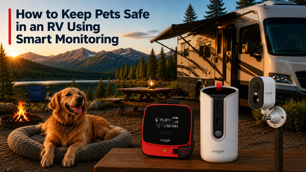 Golden retriever at a scenic RV campsite with Waggle pet monitor and camera, showcasing smart pet safety, temperature alerts, and remote monitoring.