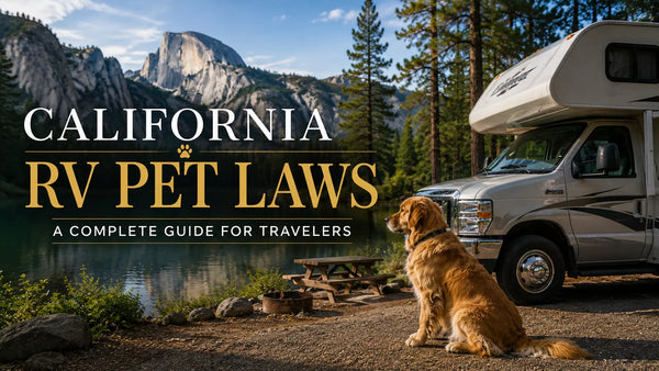 California RV pet laws guide featuring a dog beside an RV at a scenic California campground with mountains, lake views, and pet travel safety tips