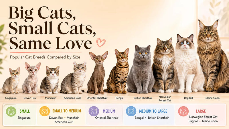 Popular cat breeds compared by size, from Singapura to Maine Coon.