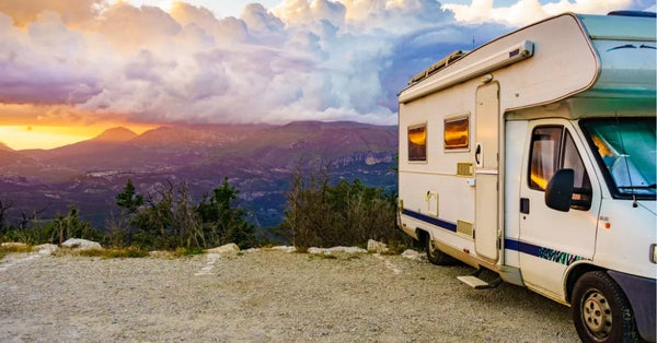 a RV parked in a beautiful scenic view 