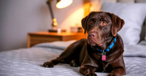 a Labrador dog sitting on the bed