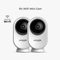 Model_RV WiFi Mini Cam - Duo | A pair of Waggle RV WiFi mini cameras displayed on a desk.