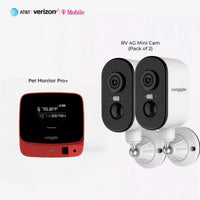 RV scout bundle pro: Pet Monitor Pro+  showing 75°F next to a pack of 2 wall-mounted RV 4G Mini Cams.
