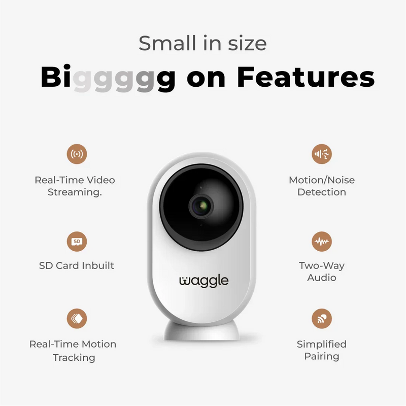 Waggle Pet Camera showing a sleek black device with a lens and control buttons, designed to monitor pets remotely.
