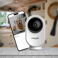 Waggle RV Cam AI Mini pet camera showing a compact device with adjustable lens and Wi-Fi connectivity for monitoring pets.
