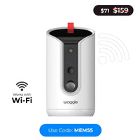 Waggle Pet Camera displaying live feed with event notifications on a digital screen, showcasing a compact home security device.