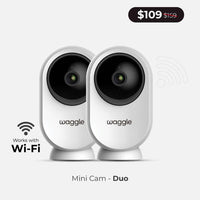 Waggle Pet Camera capturing a pet and owner interacting, with a sleek design and live video feed display.
