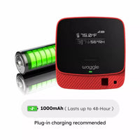 Waggle Pet Monitor Pro+ Air showing 1000mAh battery graphic, Lasts up to 24 hours, and "Plug-in charging recommended.