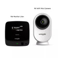 Two electronic devices, a black 'Pet Monitor Lite+' and a white 'RV WiFi Mini Camera', on a white background with 'waggle' branding.