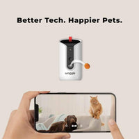 Waggle pet camera mounted on a wall, showing live video feed with pet activity detection and camera controls on the screen.